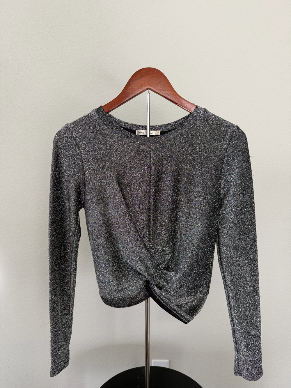Heart & Hips Metallic Twist-Front Long-Sleeve Top - Silver